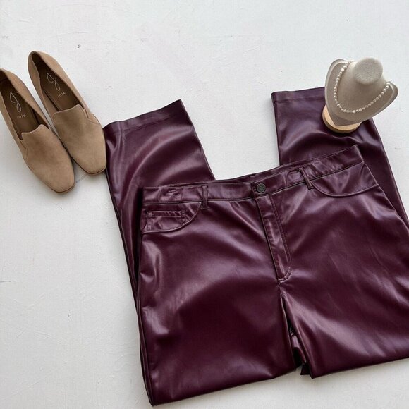 Anthropologie Joie Faux Leather Pants Size 8 Burgundy Straight Fit High Waist - Picture 14 of 16